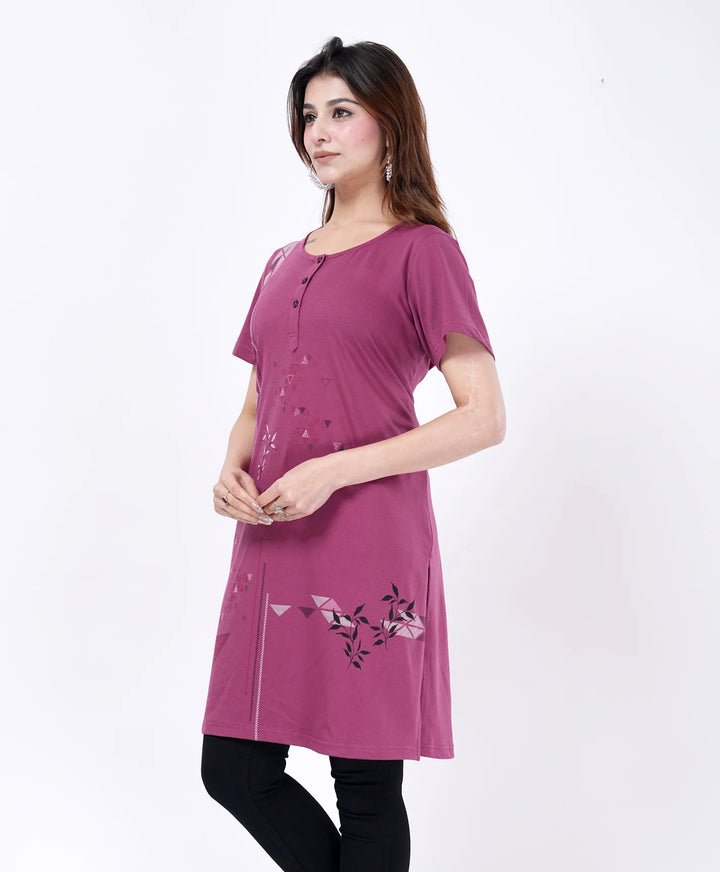 Elegant Printed Button-Neck Straight Long Top