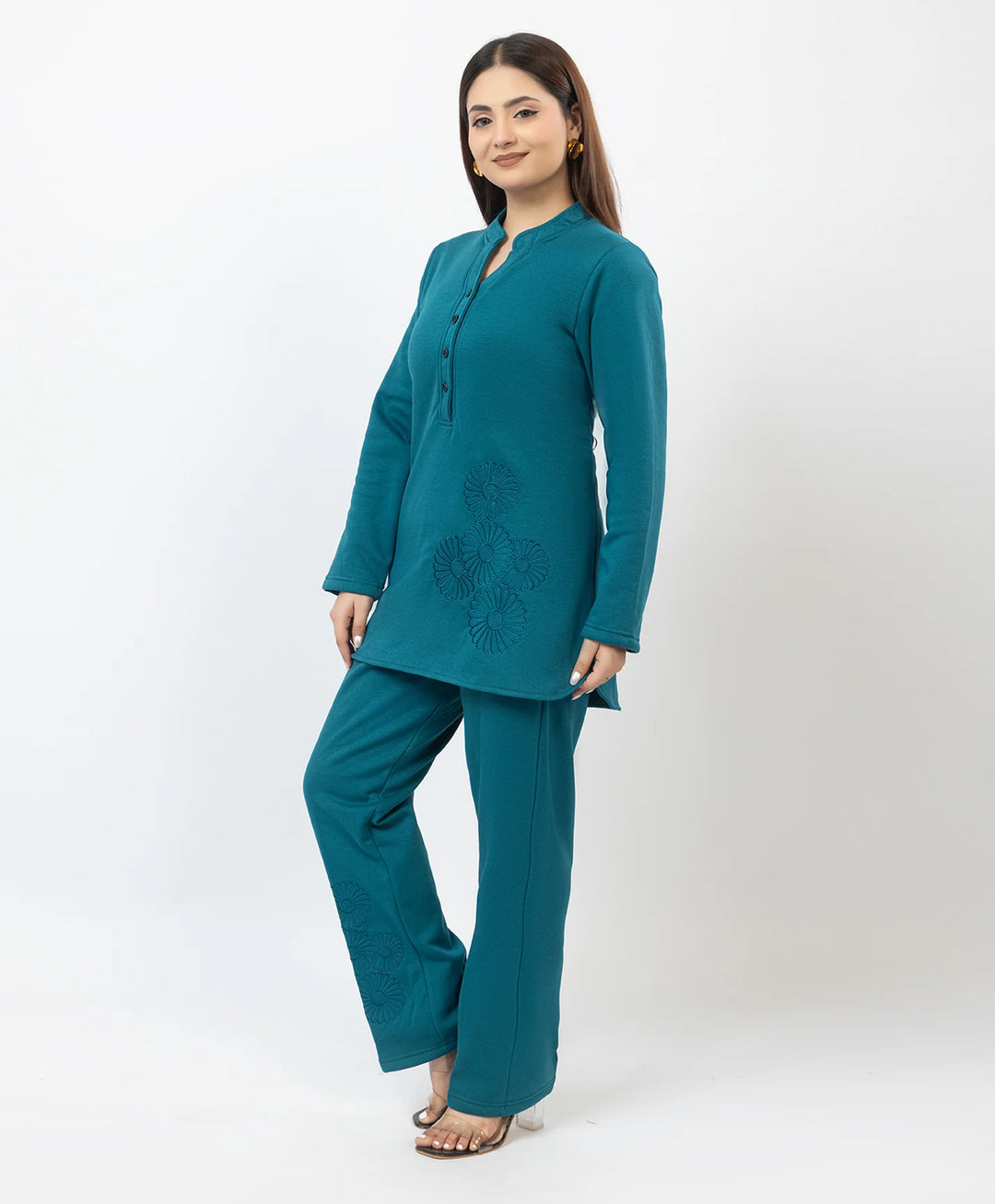 Band Collar Floral Embroidered Kurta and Straight Pants Set