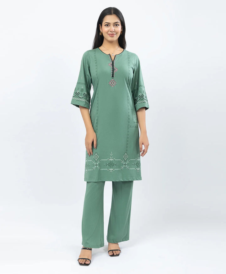 Straight Fit Long Kurta Set with Printed Embroidery Accents