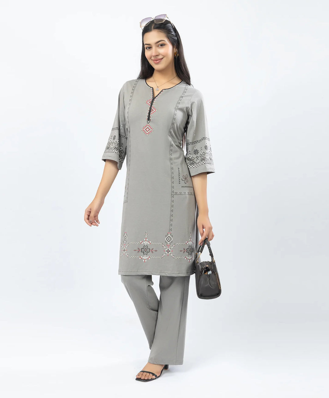 Straight Fit Long Kurta Set with Printed Embroidery Accents