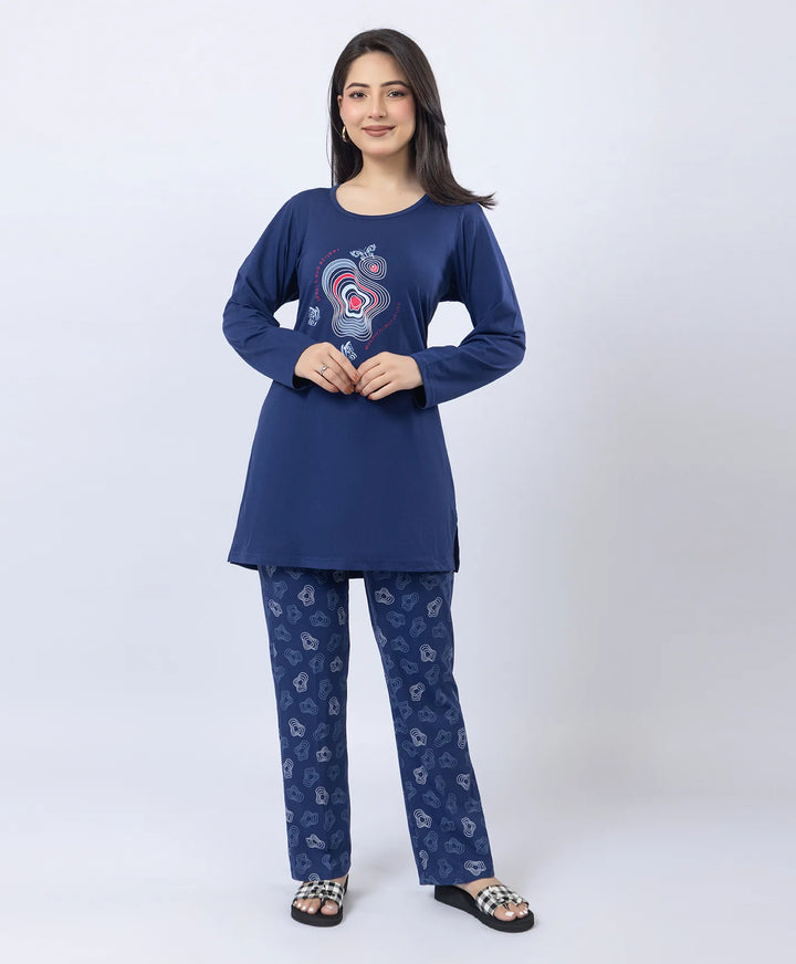 Elegant Printed Round-Neck Night Suit