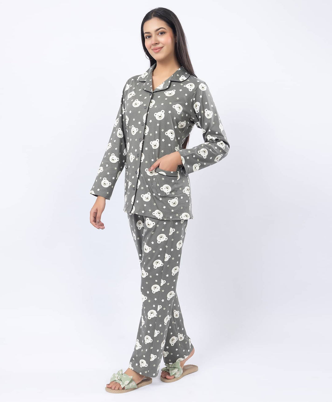 Printed Shirt Collar Front Open Night Suit Set