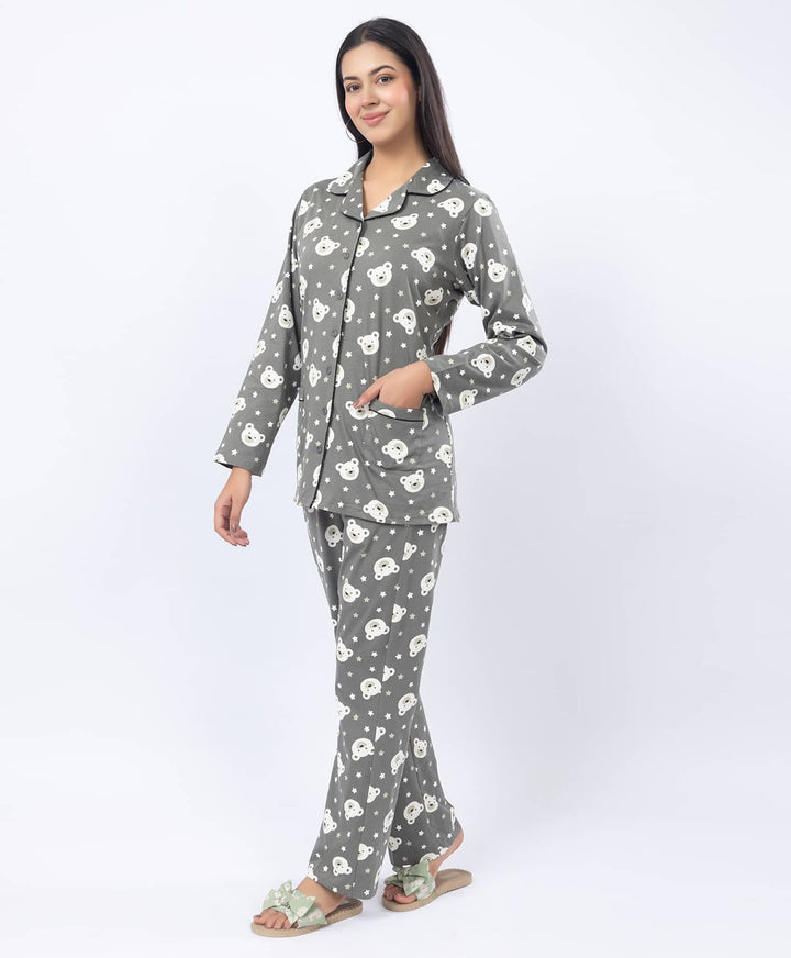 Printed Shirt Collar Front Open Night Suit Set