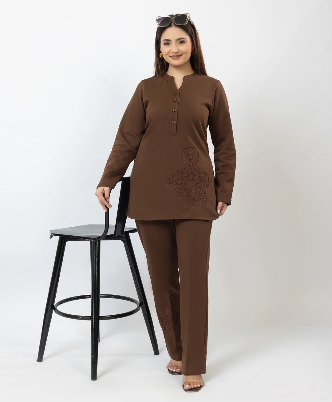 Band Collar Floral Embroidered Kurta and Straight Pants Set