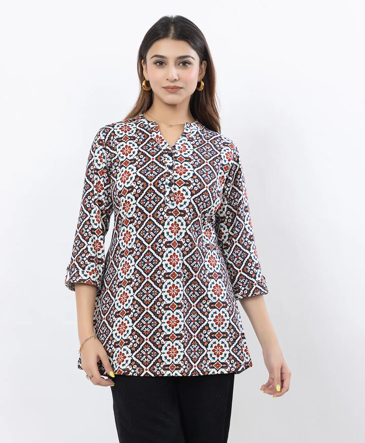 Printed Front-Placket Hip-Length Short Kurti