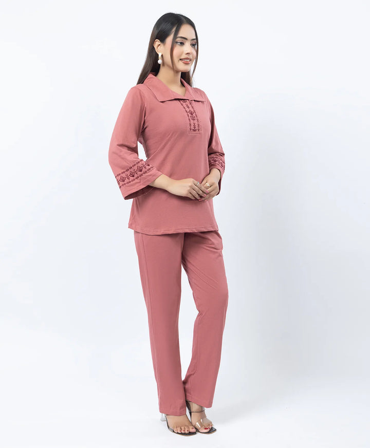 Straight Fit Collared Co-Ord Set with Embroidered Placket & Cuffs