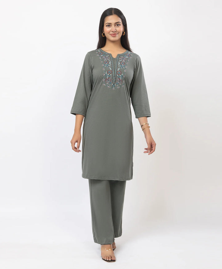Stylish Neckline Embroidery Straight Kurta Pant Set