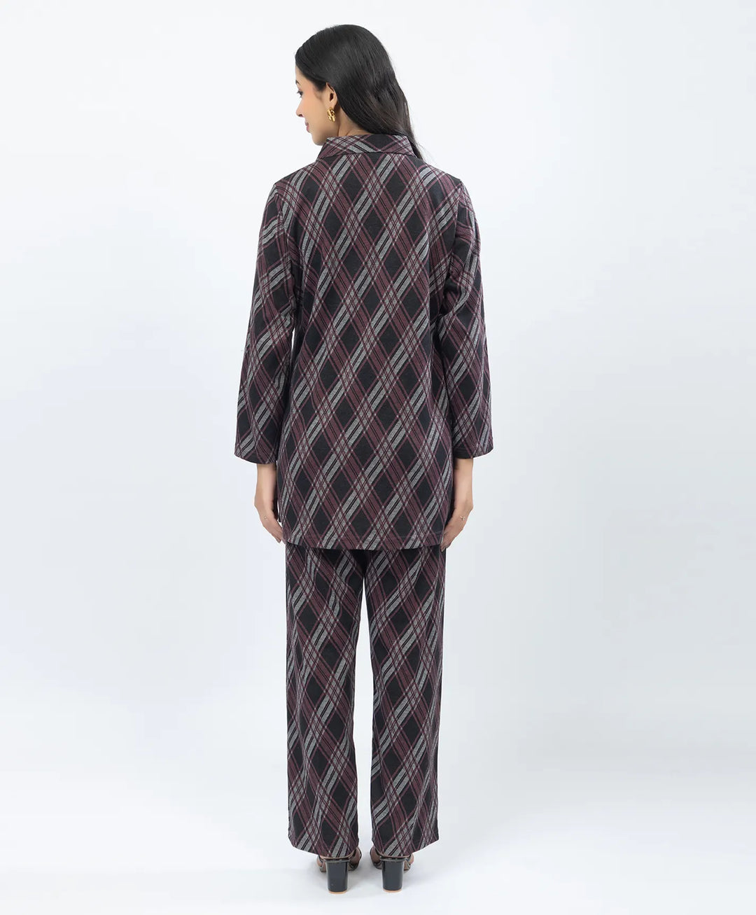 Checkered Co-Ord Set with Double-Button Front Placket & Straight Pants