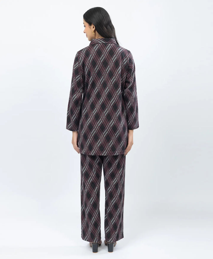 Checkered Co-Ord Set with Double-Button Front Placket & Straight Pants