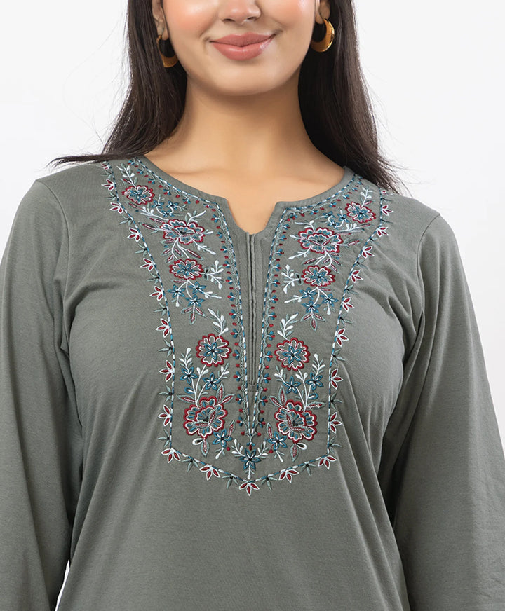 Stylish Neckline Embroidery Straight Kurta Pant Set
