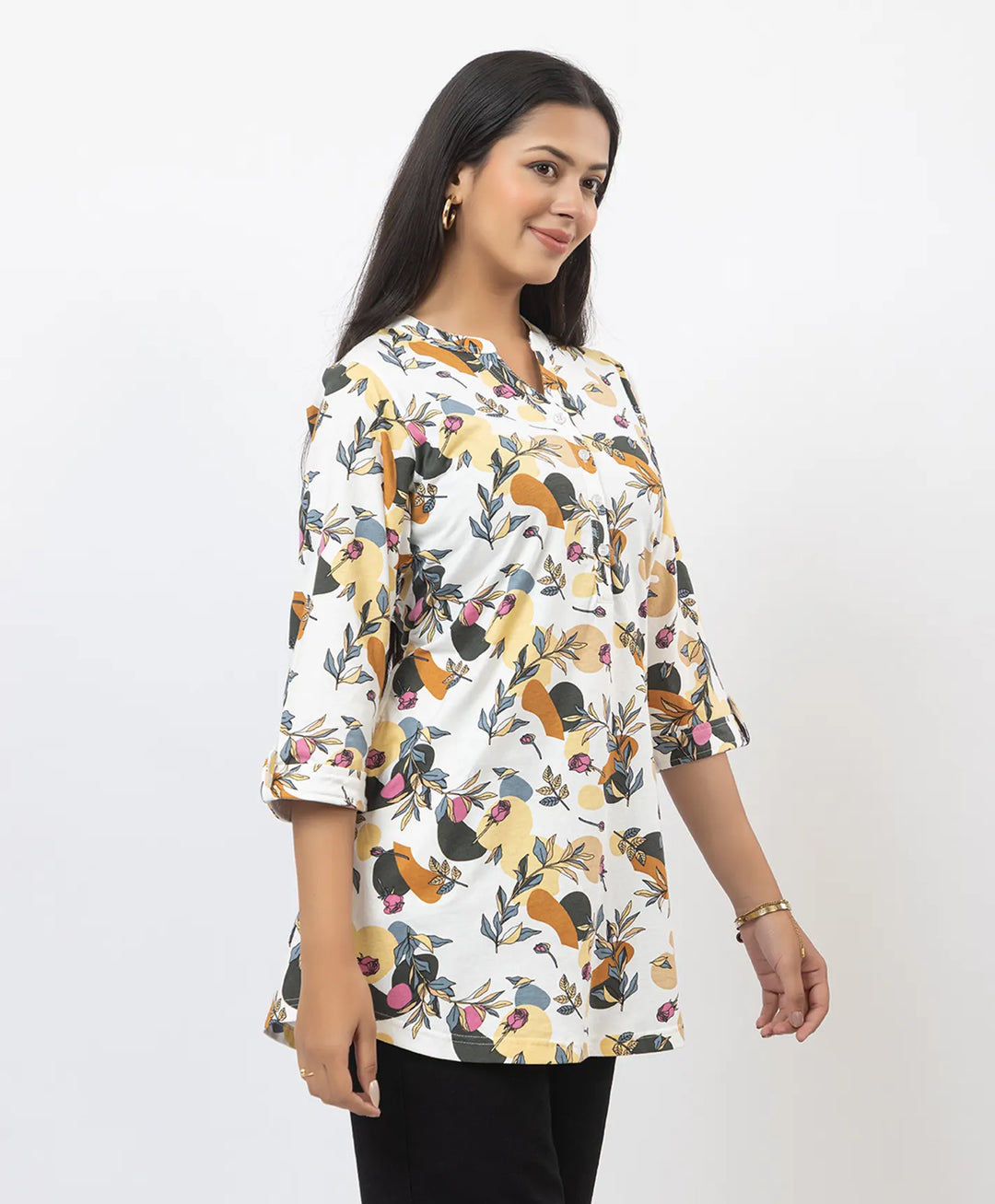 Mid-Sleeve Floral Print Everyday Short Kurti