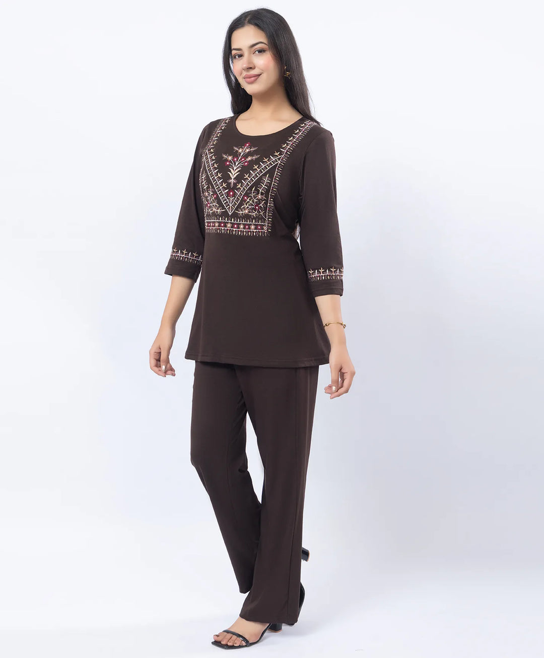 Premium Round Neck Embroidered Straight-Fit Co-Ord Set
