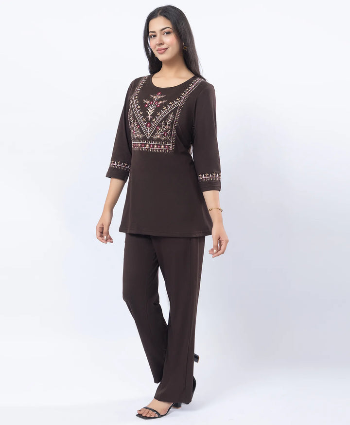 Premium Round Neck Embroidered Straight-Fit Co-Ord Set