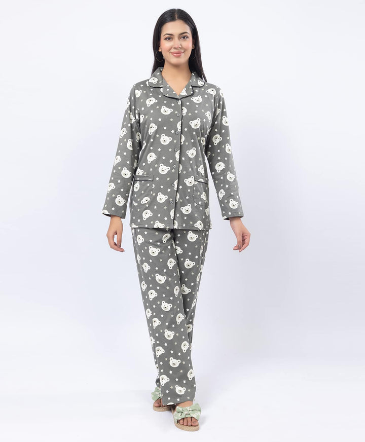 Printed Shirt Collar Front Open Night Suit Set