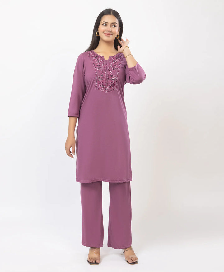 Stylish Neckline Embroidery Straight Kurta Pant Set