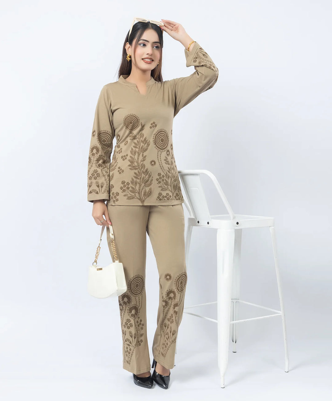 V-Notch Floral Tunic & Coordinated Printed Bottom Co-Ord Set