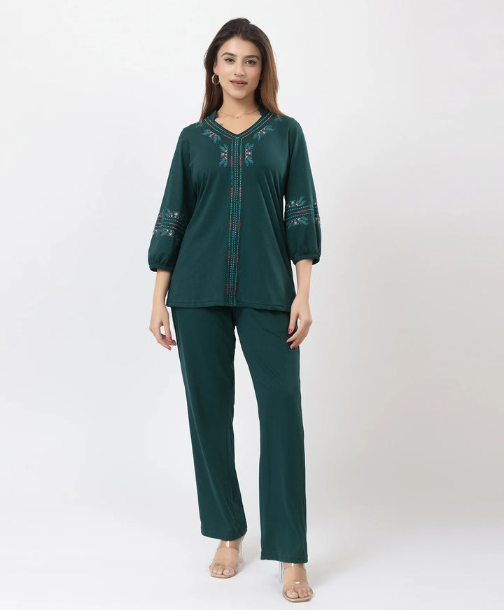 Elegant V-Neck Embroidered Co-Ord Set