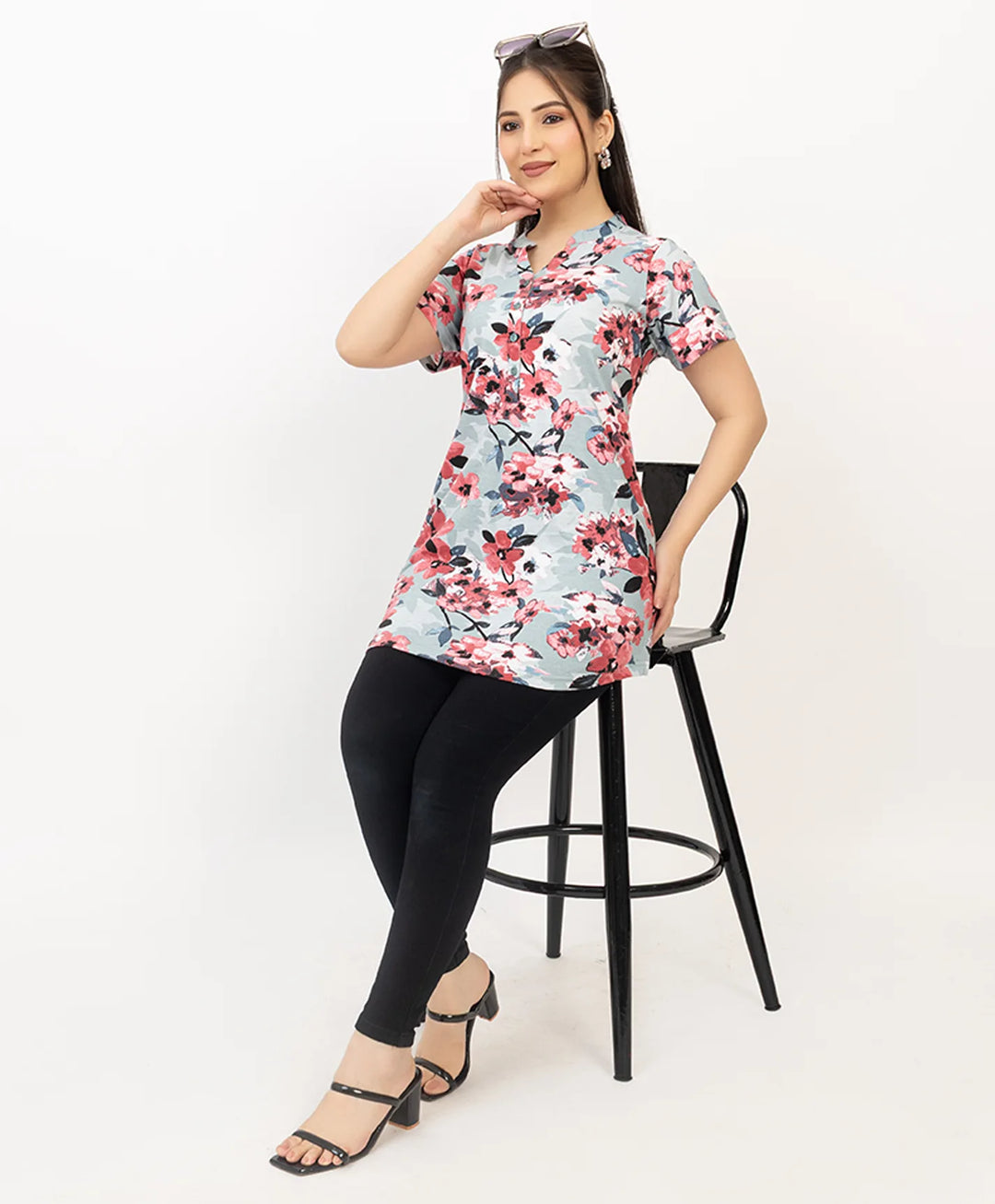 Floral Print Short Sleeve Tunic Kurti
