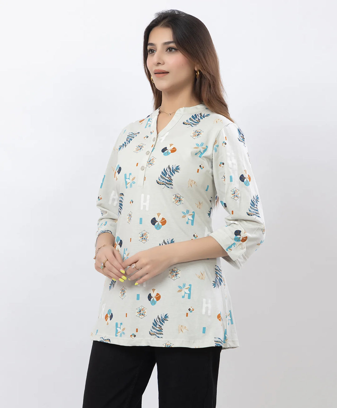 Printed Front-Placket Hip-Length Short Kurti