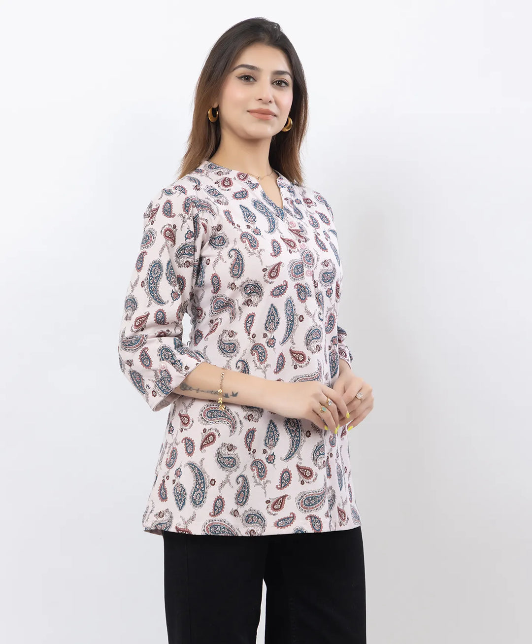 Printed Front-Placket Hip-Length Short Kurti