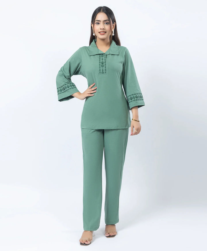 Straight Fit Collared Co-Ord Set with Embroidered Placket & Cuffs