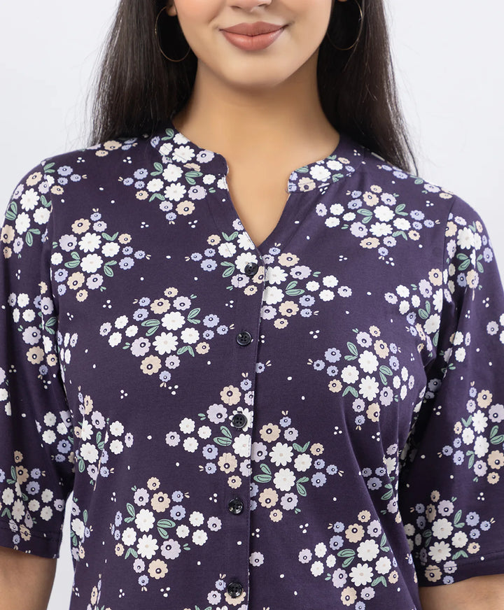 Front-Open Printed Wide-Leg Night Suit