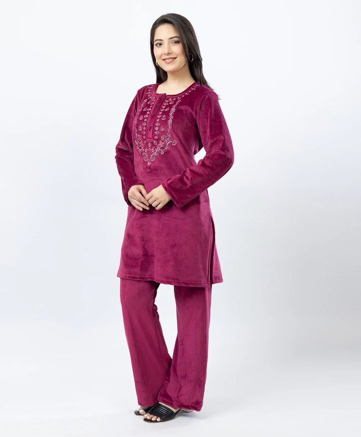 Round Neck Buttoned Kurta and Trouser Set with Embroidery & Pockets.