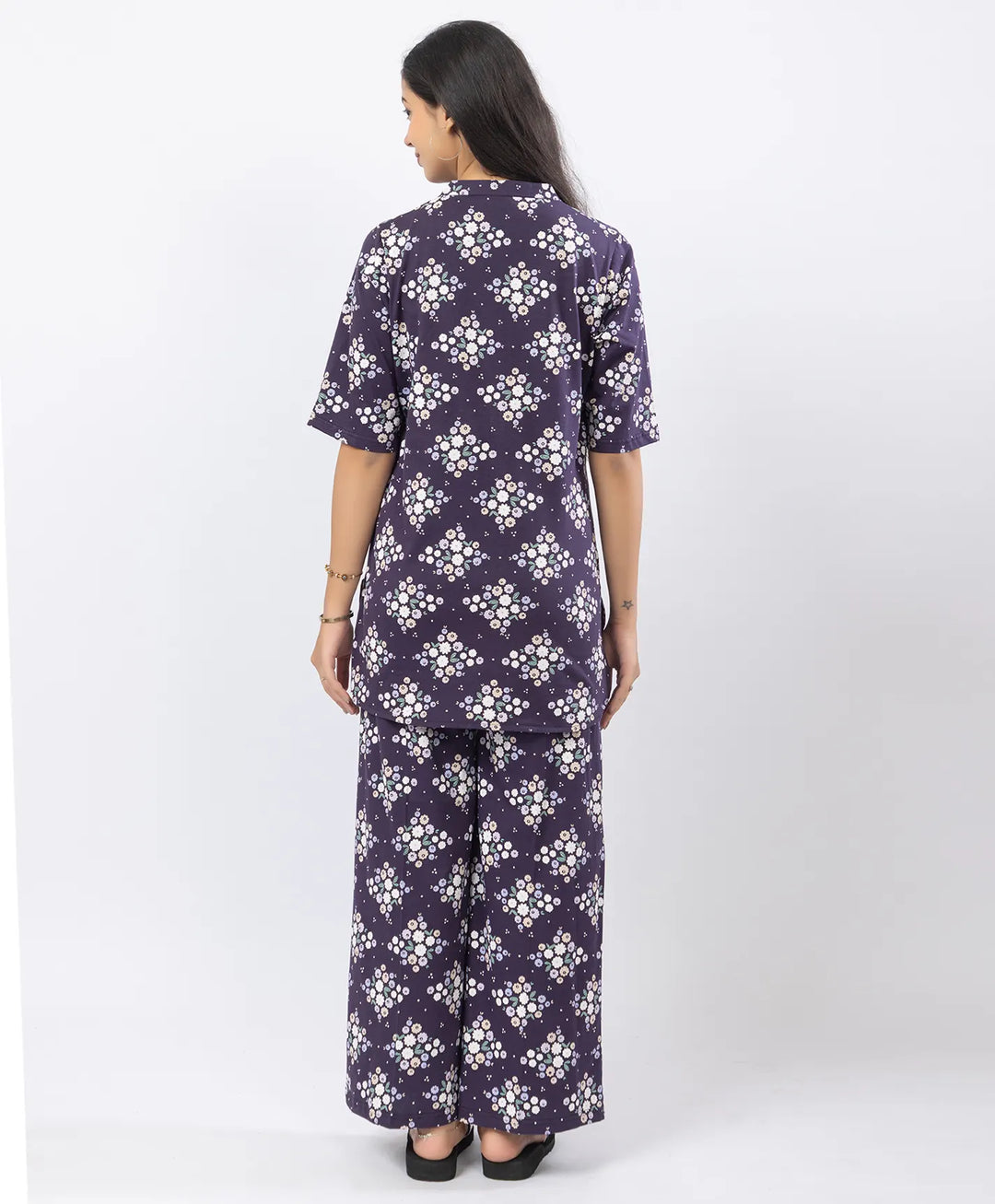 Front-Open Printed Wide-Leg Night Suit