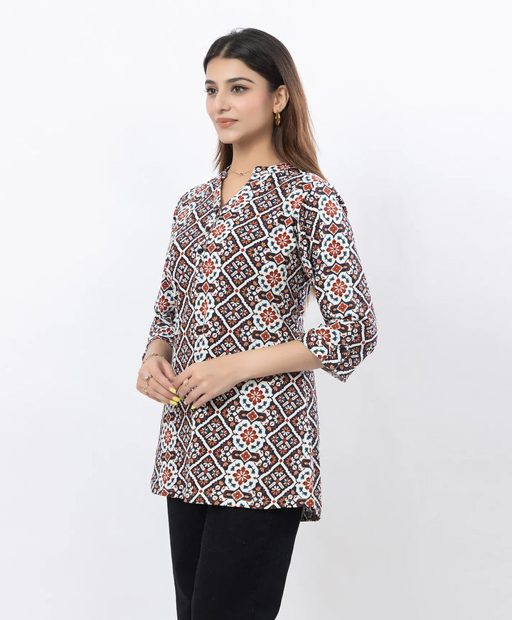 Printed Front-Placket Hip-Length Short Kurti