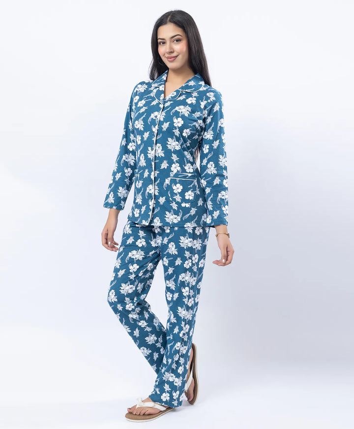 Printed Night Suit with Contrast Piping & Pockets