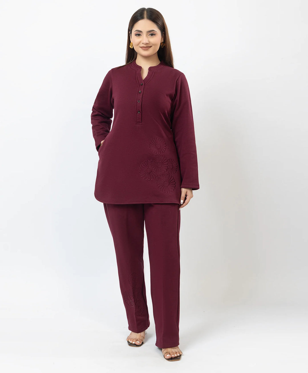 Band Collar Floral Embroidered Kurta and Straight Pants Set