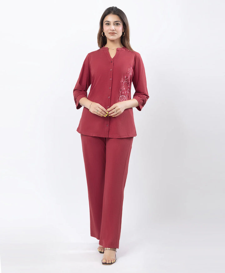 Front-Open Casual Embroidered Co-Ord Set