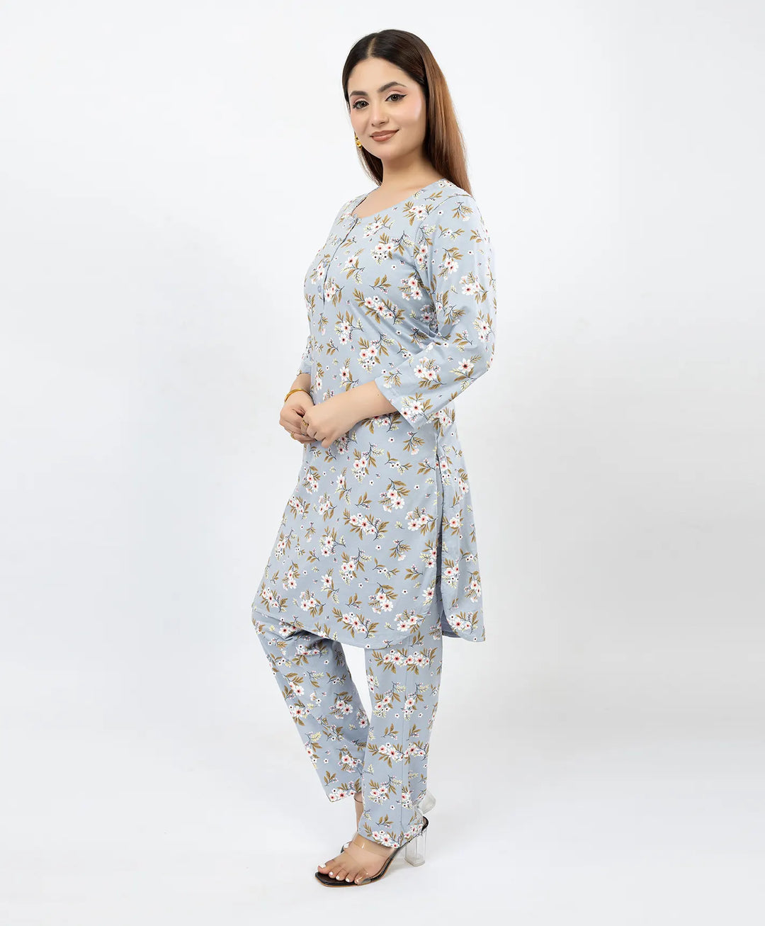 Quarter Sleeve Printed Cotton Kurta with Straight Pant Set