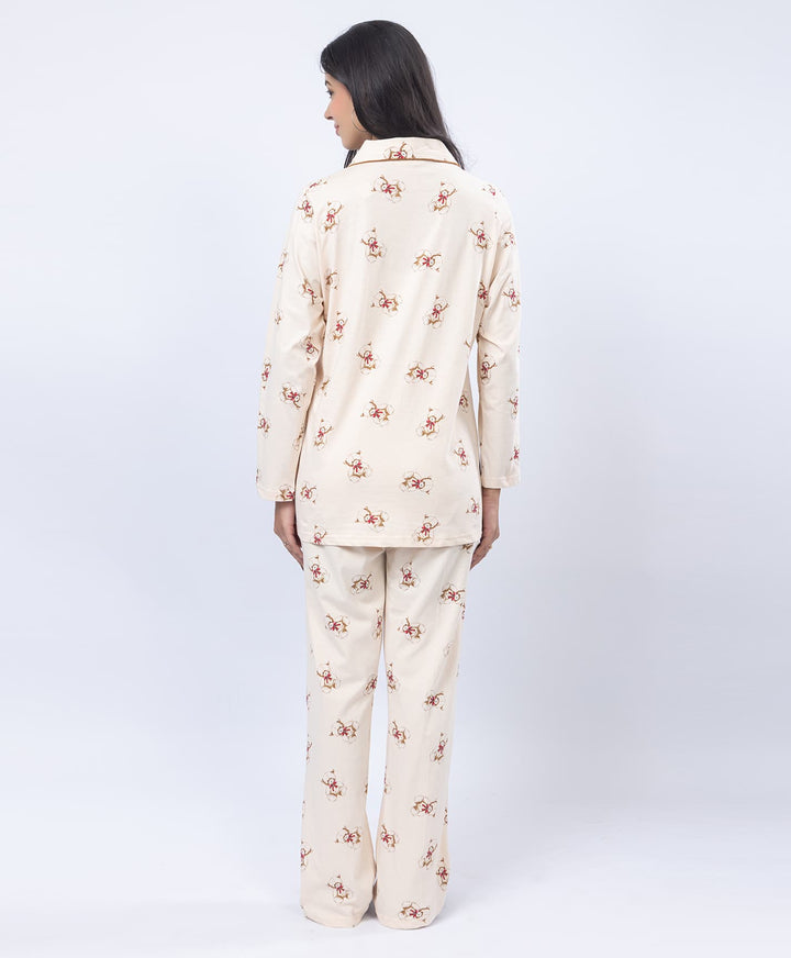 Printed Shirt Collar Front Open Night Suit Set