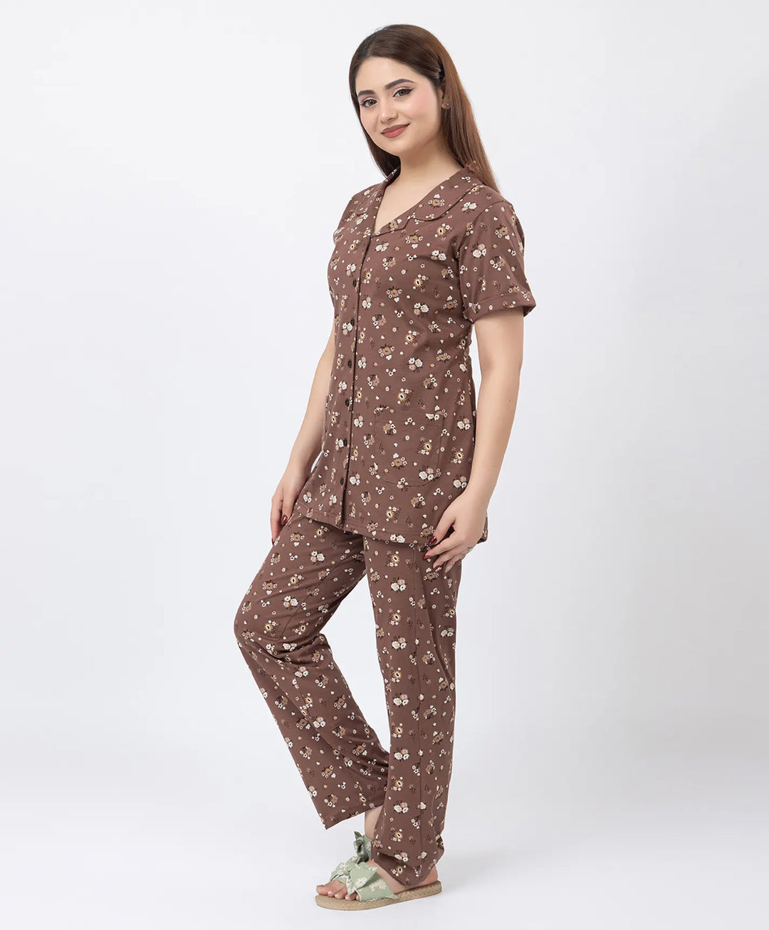 Floral Charm Front Open Night Suit