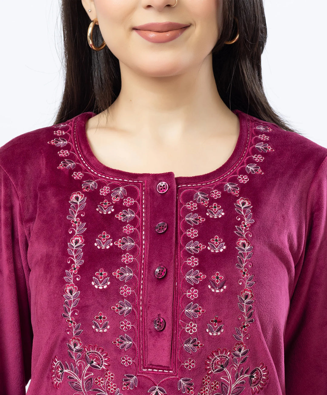 Round Neck Buttoned Kurta and Trouser Set with Embroidery & Pockets.