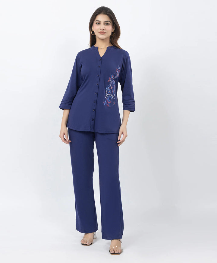 Front-Open Casual Embroidered Co-Ord Set