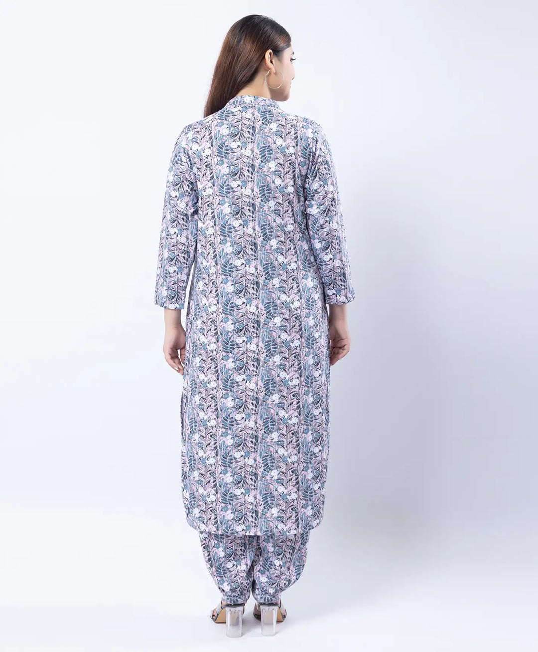 Mandarin Collar Quarter Sleeve Floral Kurti & Narrow Ankle Hem Afghani Suit