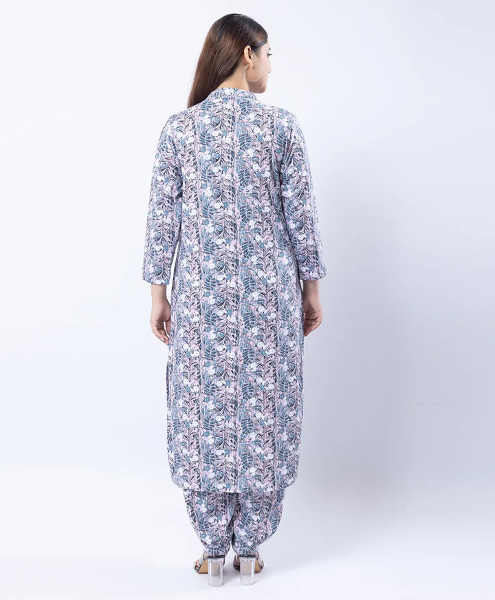 Mandarin Collar Quarter Sleeve Floral Kurti & Narrow Ankle Hem Afghani Suit