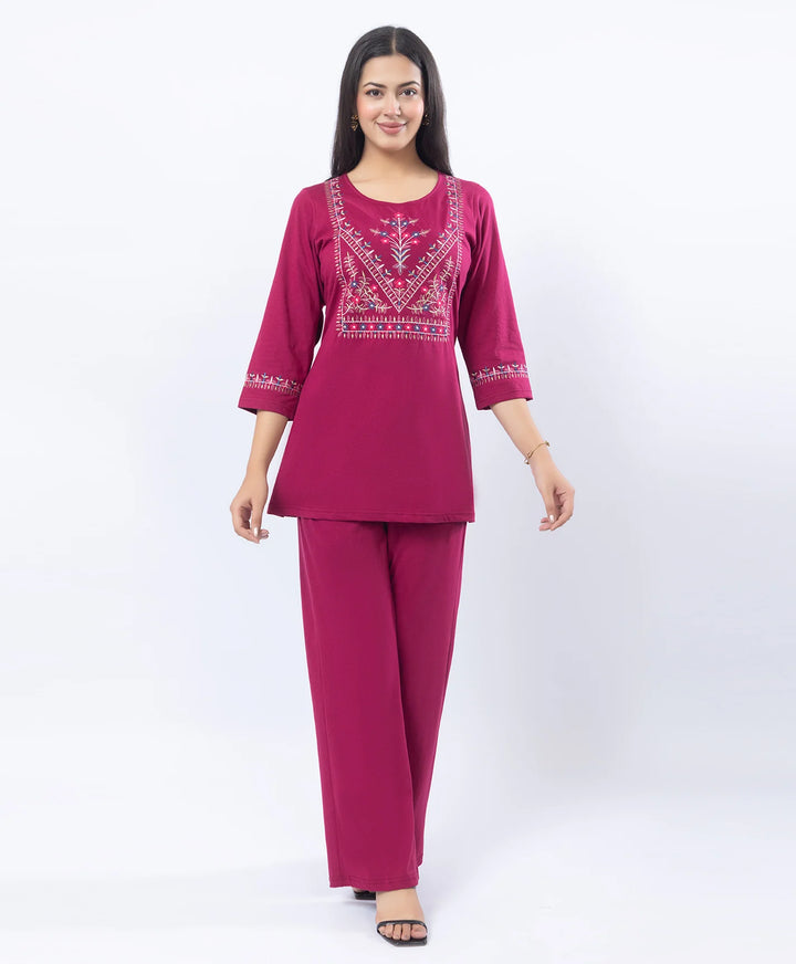 Premium Round Neck Embroidered Straight-Fit Co-Ord Set