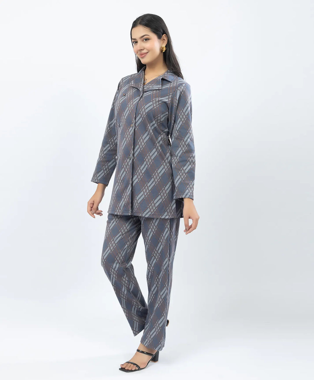 Checkered Co-Ord Set with Double-Button Front Placket & Straight Pants
