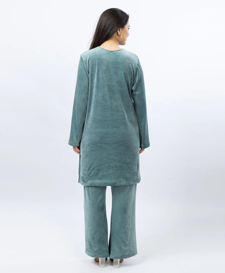 Round Neck Buttoned Kurta and Trouser Set with Embroidery & Pockets.