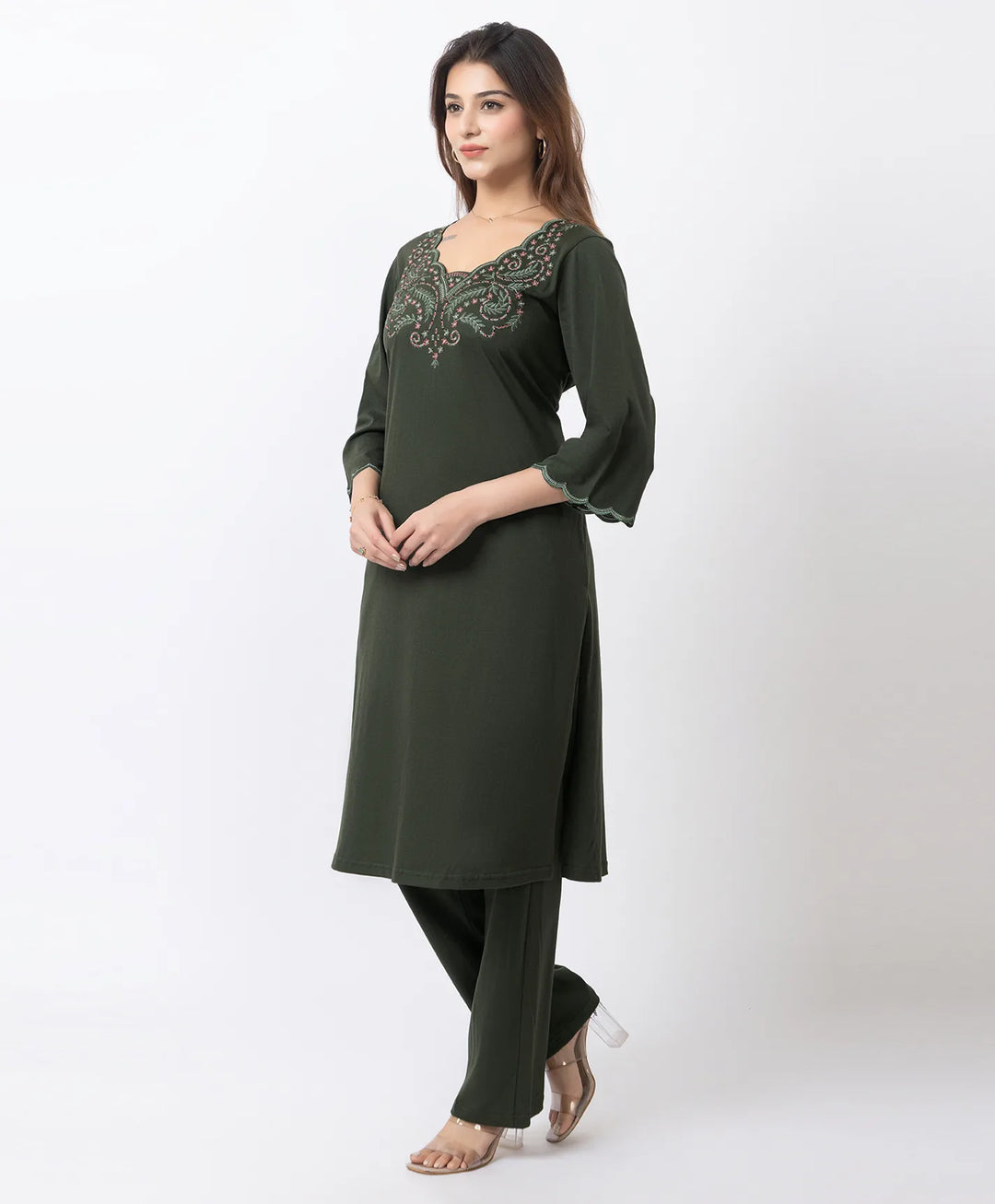 Graceful Long Kurta Set with Embroidered Neckline