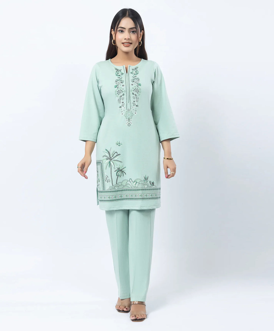 Premium Round Neck Border Printed Kurta Set with Straight-Fit Pants