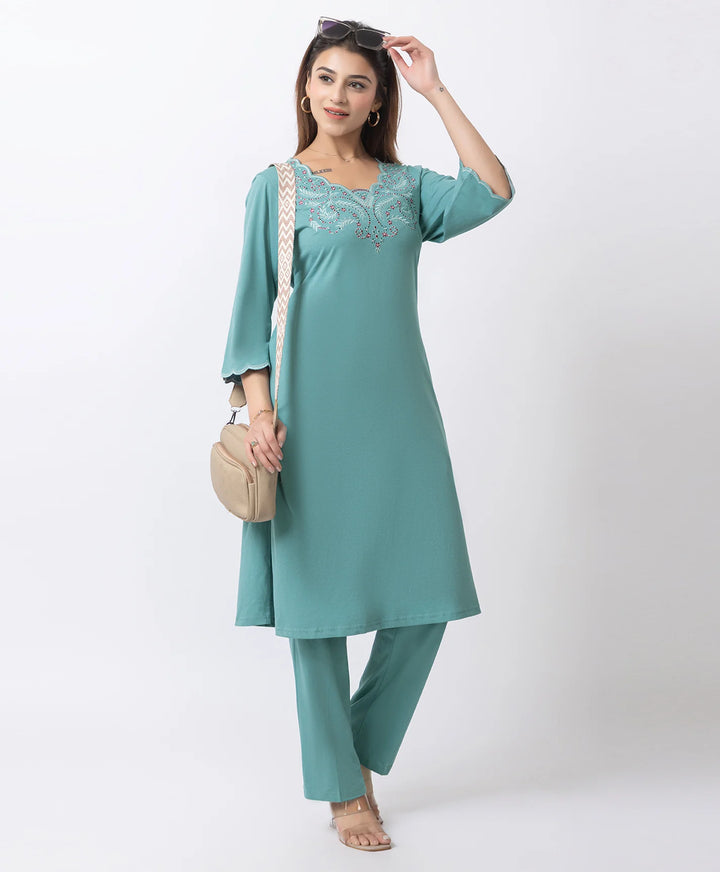Graceful Long Kurta Set with Embroidered Neckline