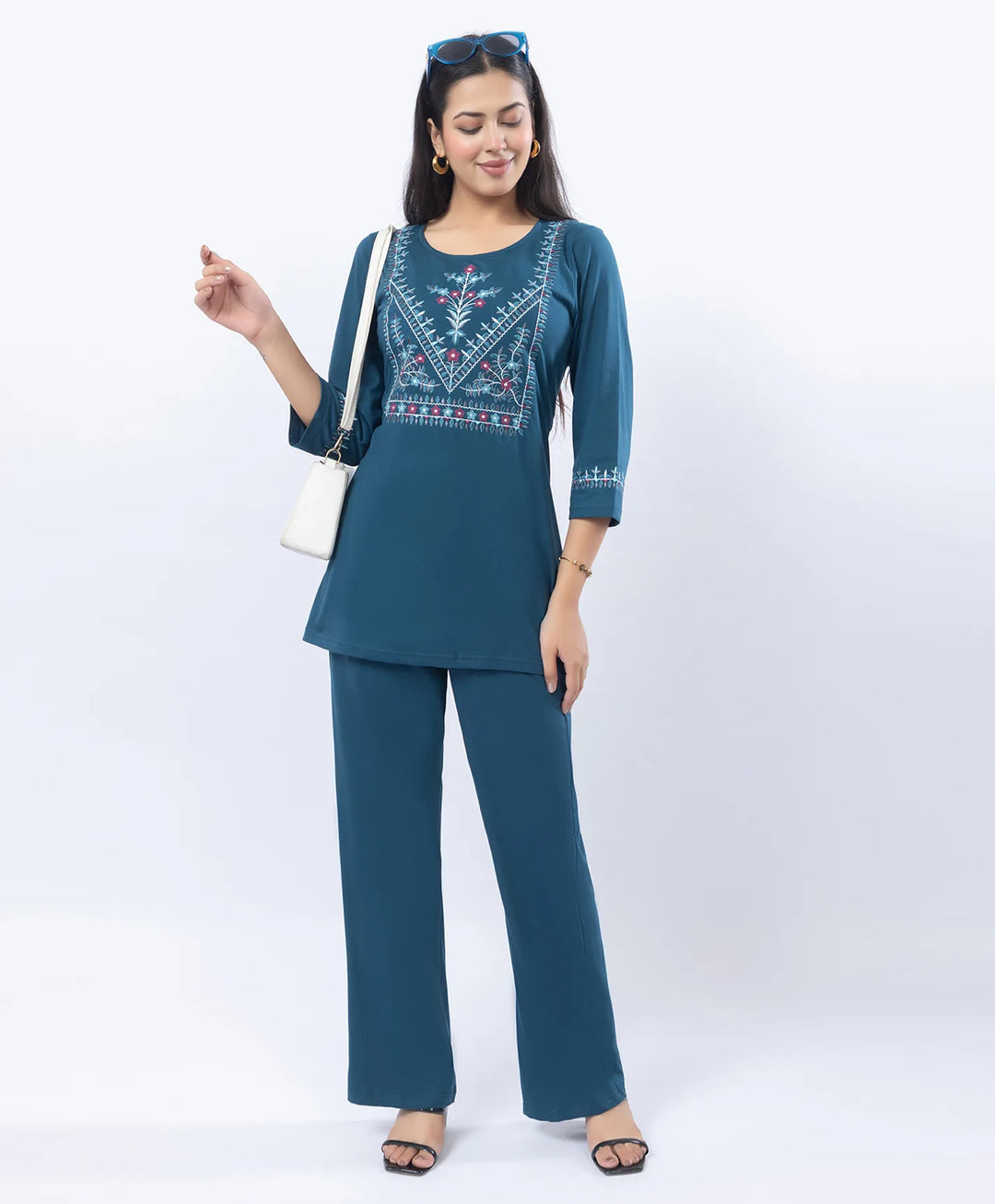 Premium Round Neck Embroidered Straight-Fit Co-Ord Set