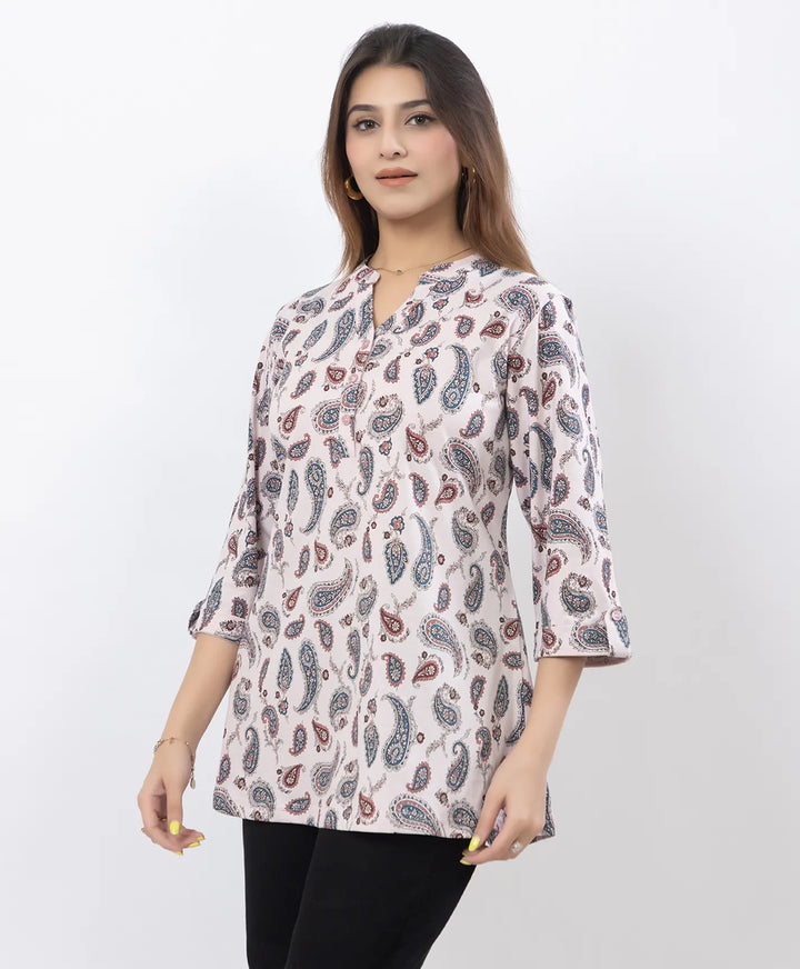 Printed Front-Placket Hip-Length Short Kurti