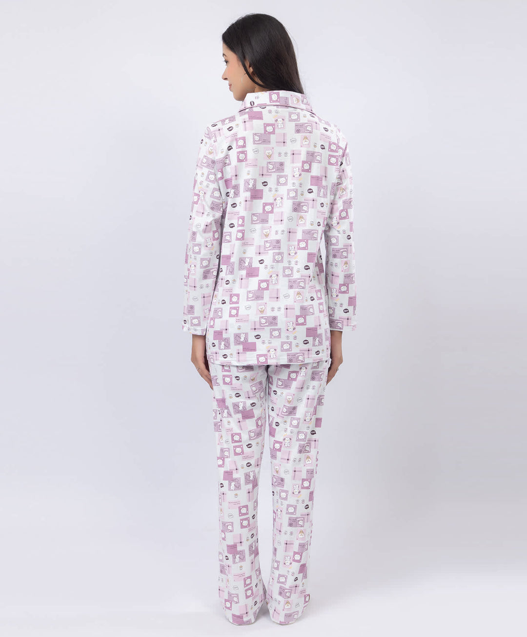 Printed Shirt Collar Front Open Night Suit Set
