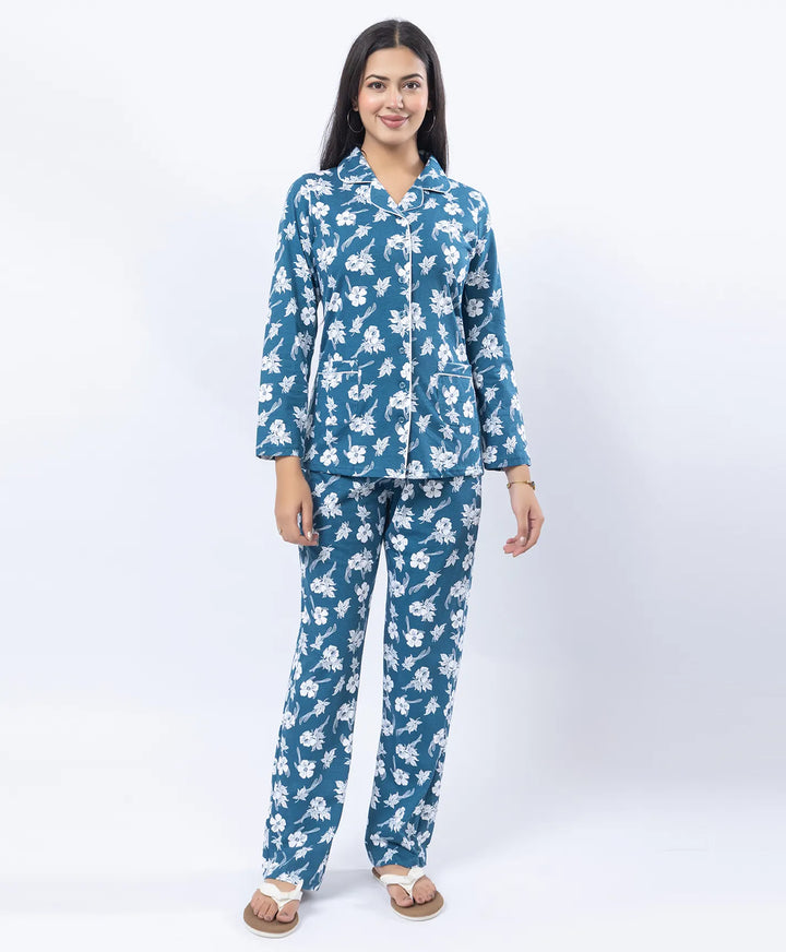Printed Night Suit with Contrast Piping & Pockets