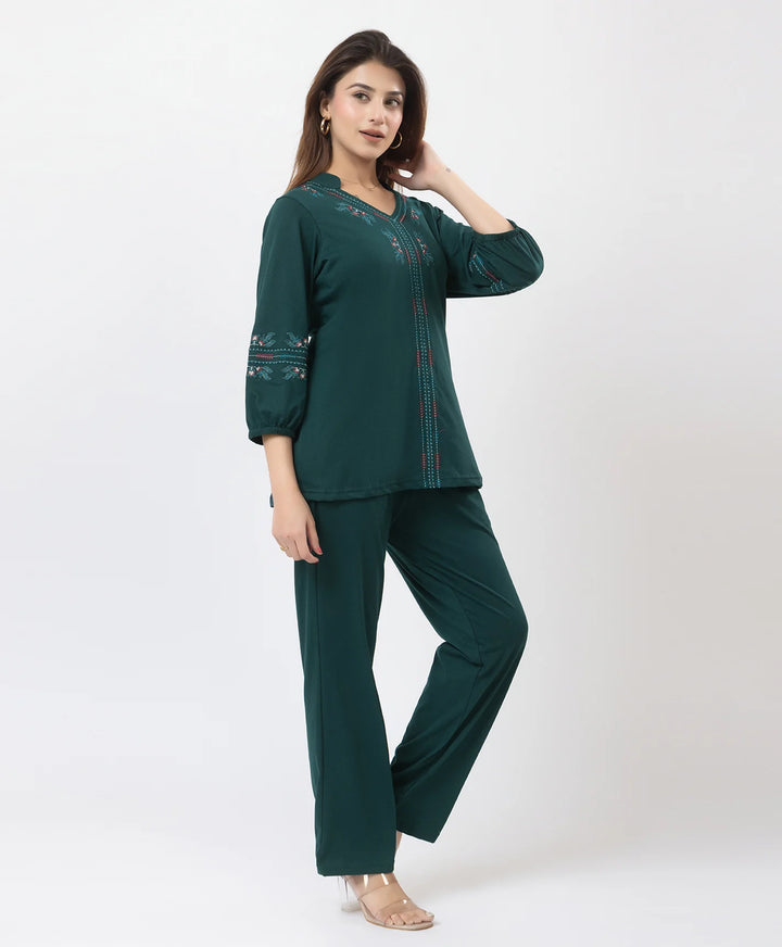 Elegant V-Neck Embroidered Co-Ord Set